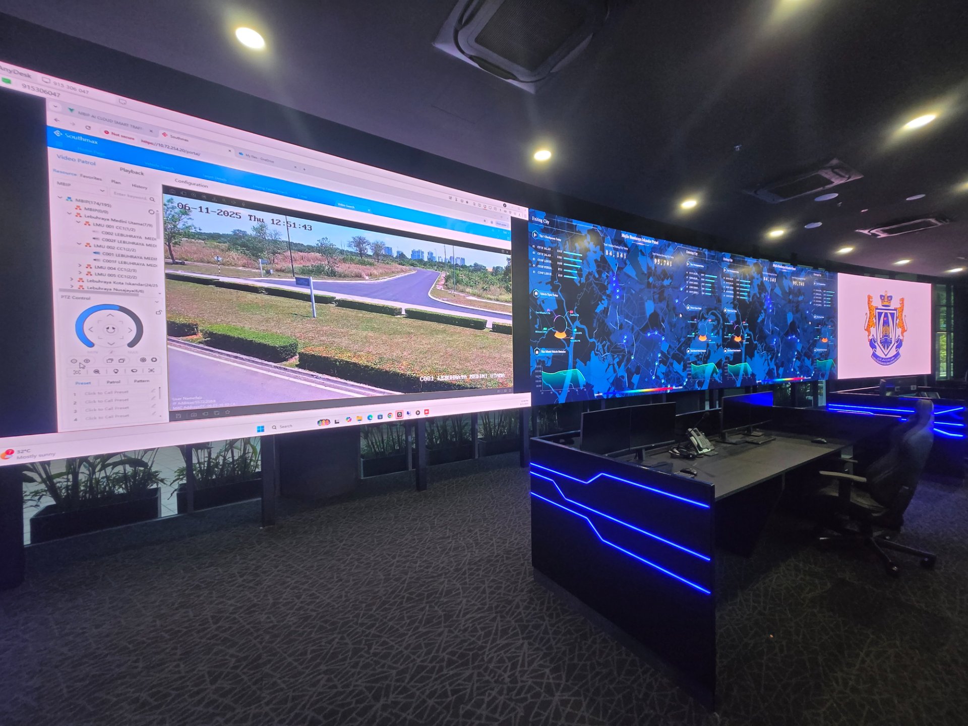 IPCC operations floor — CCTV video wall and smart city map dashboards