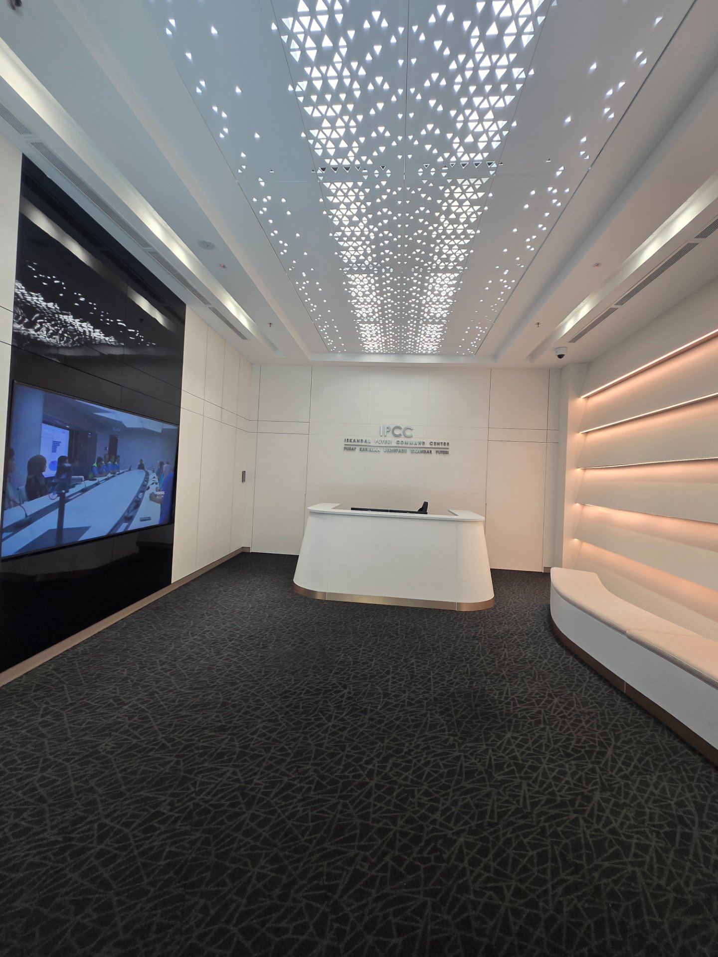 IPCC lobby — Iskandar Puteri Command Centre reception with LED feature ceiling